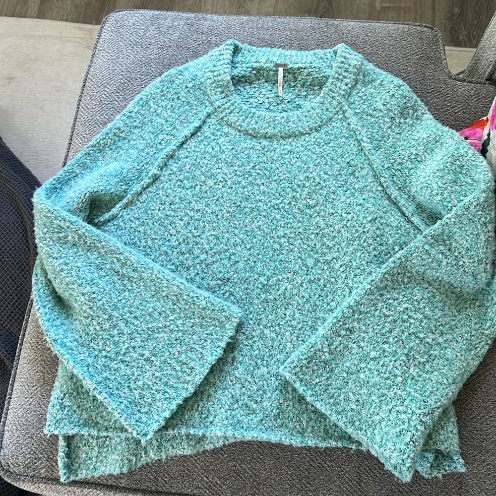 Free People Aqua Blue Textured Cowl Neck Sweater